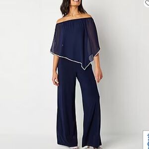 MSK Jumpsuit Off Shoulder Rhinestone Trim Cape Woman’s XL Navy Blue Dressy